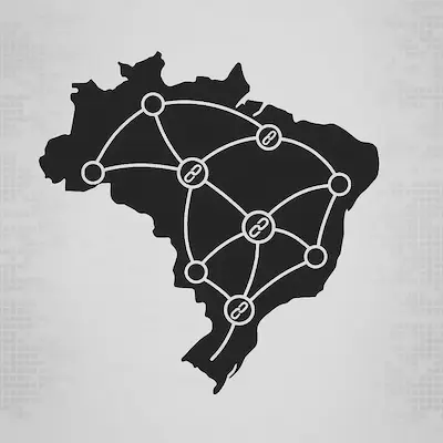 Mapa do Brasil com pontos de conexão, ilustrando a atuação nacional da QMIX Digital.